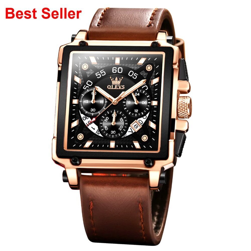 Men's Leather Chronograph Watch with Luminous Date Water Resistant